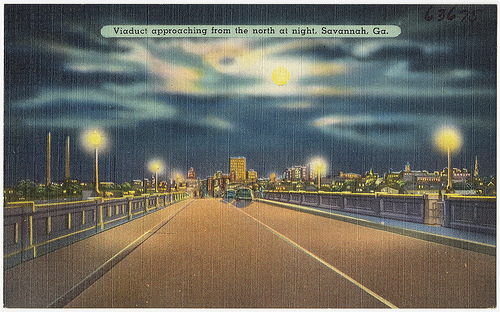 Viaduct, approaching from the north at night, Savannah, GA. (19301945). Boston Public Library